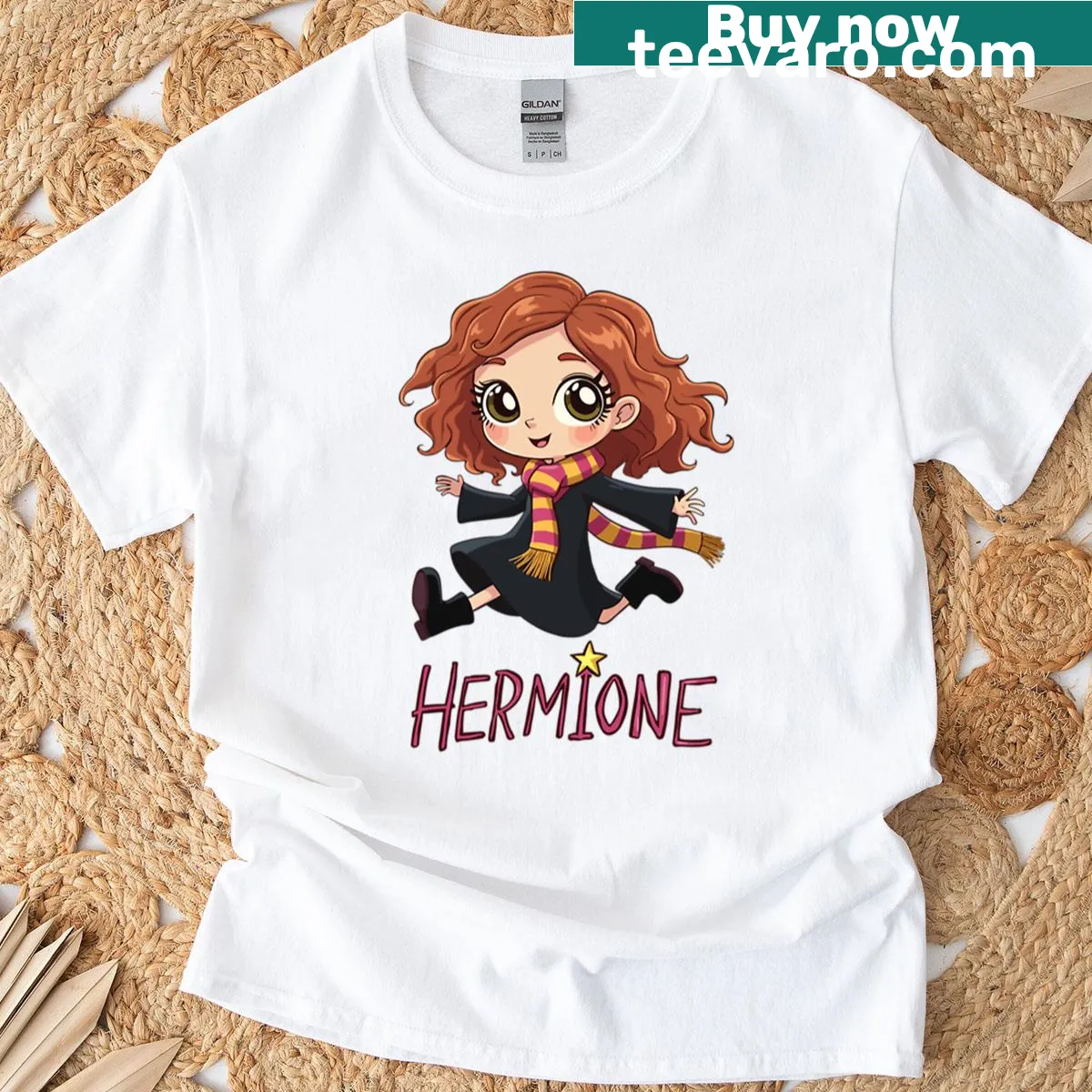 Illustration of Hermione Granger with book and wand on t-shirt — on a men's t-shirt