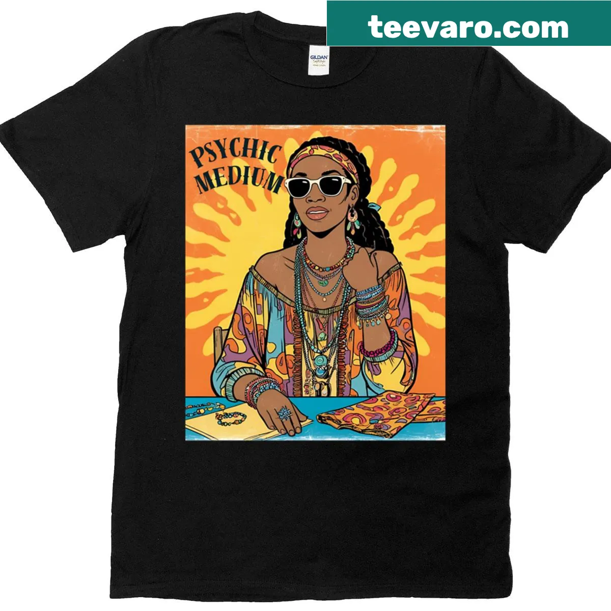 Cartoon Hippie Boho African American Woman Psychic Medium T-shirt — on a men's t-shirt