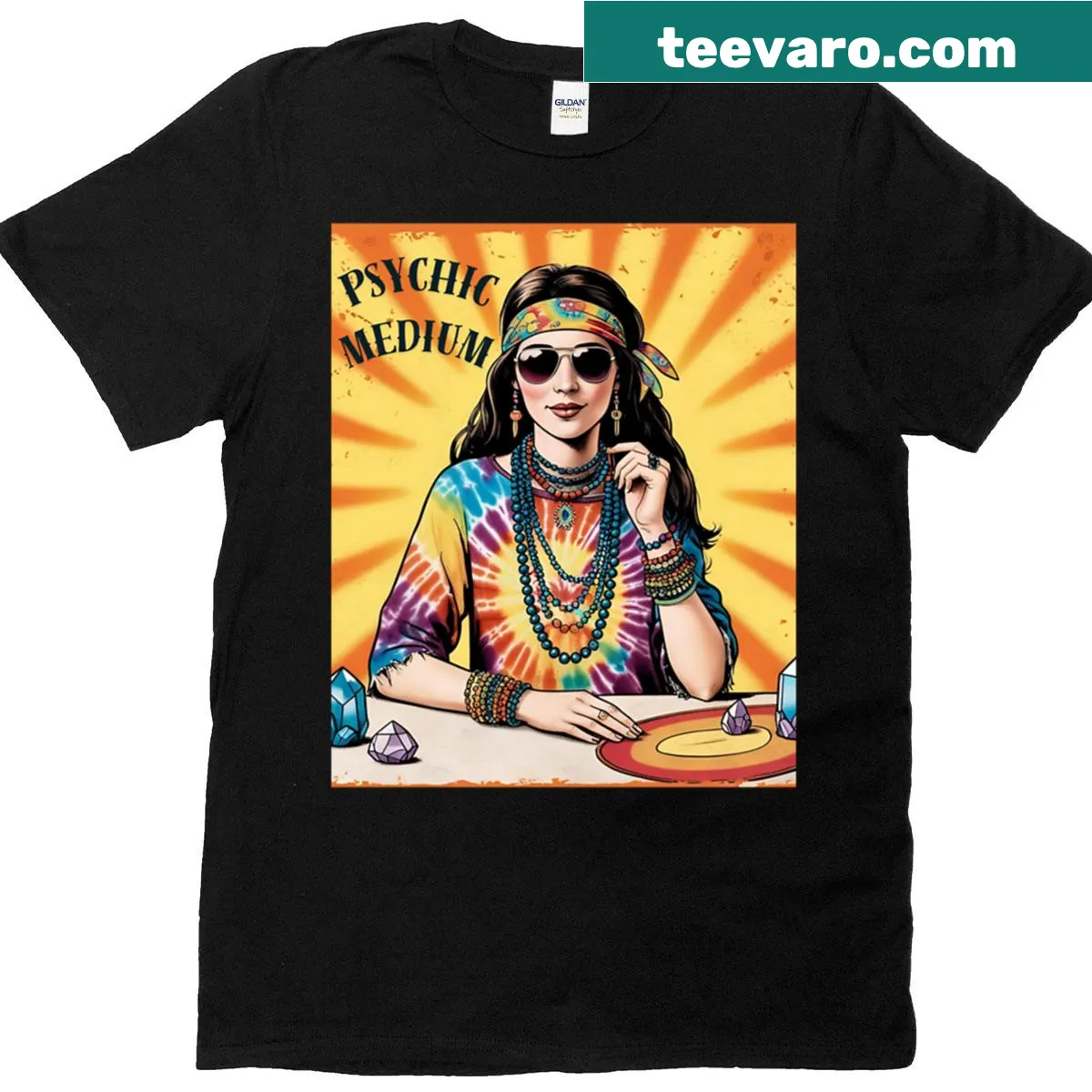 Oversized T-shirt featuring a hippie boho woman as a psychic medium — on a men's t-shirt