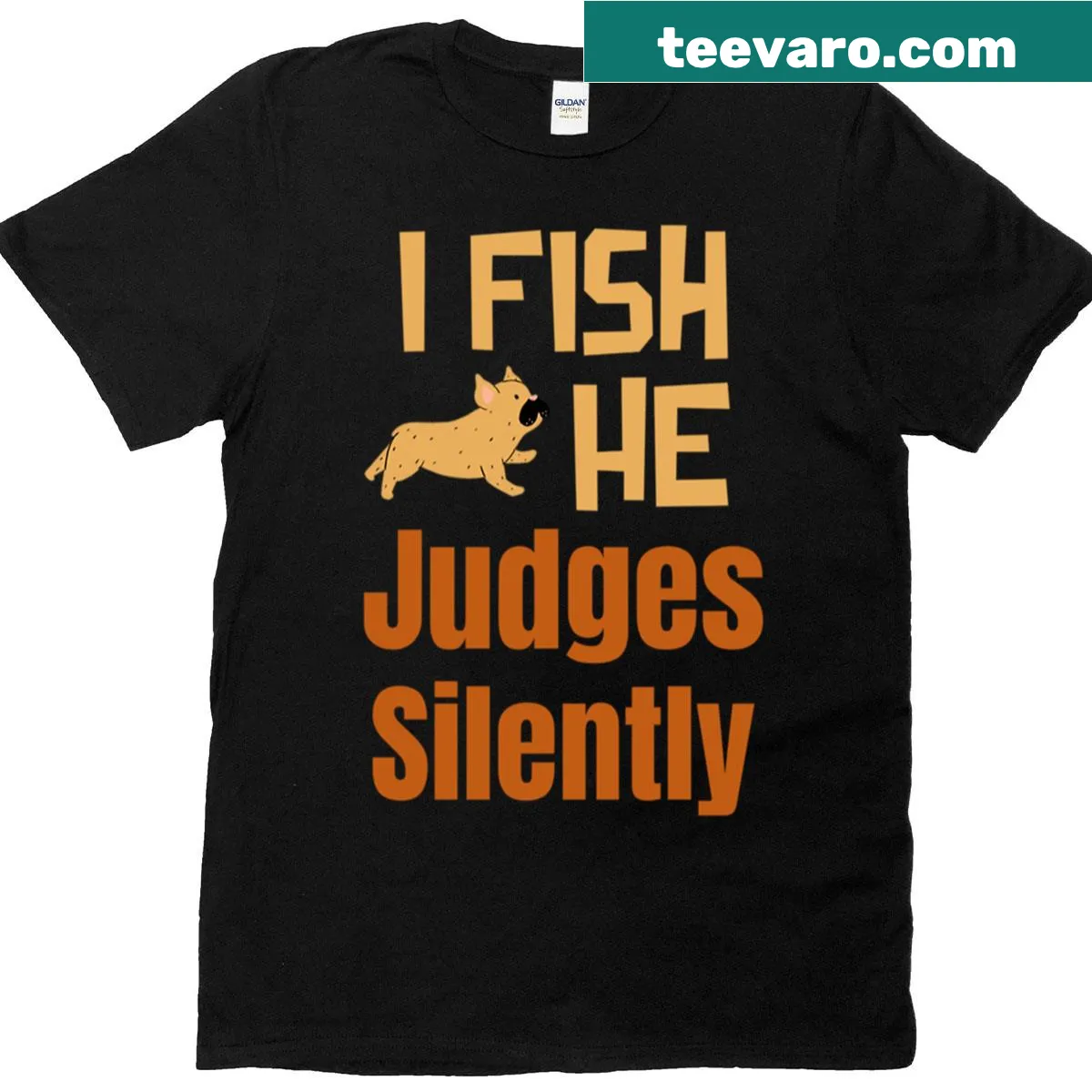 Humorous fishing T-shirt with the phrase I Fish He Judges Silently — on a men's t-shirt