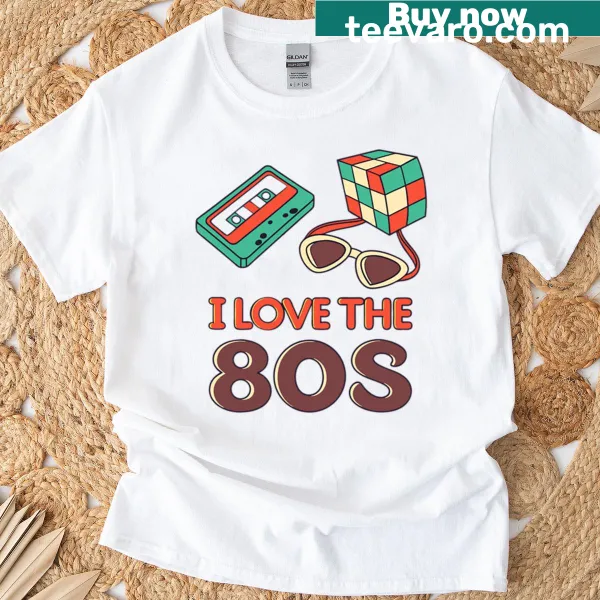 Retro 80s themed design with cassette, Rubik's Cube, and sunglasses