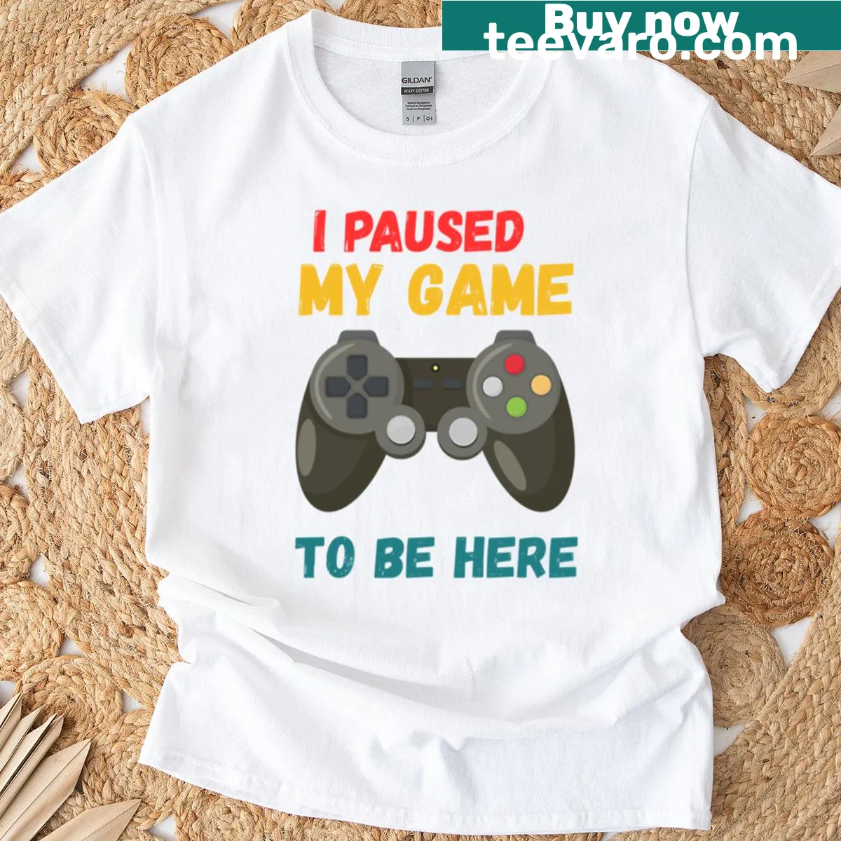Funny gaming t-shirt with 'I Paused My Game To Be Here' text — on a men's t-shirt