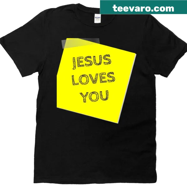 T-shirt featuring the phrase 'Jesus Loves You' in bold lettering