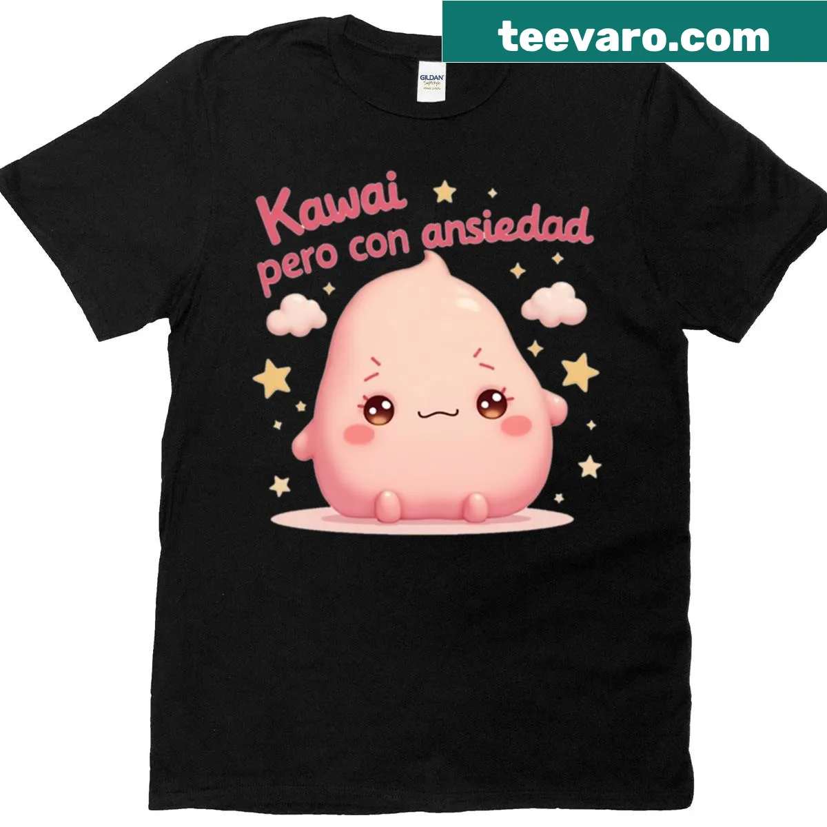 Kawaii T-shirt with a cute character depicting anxiety expressions — on a men's t-shirt