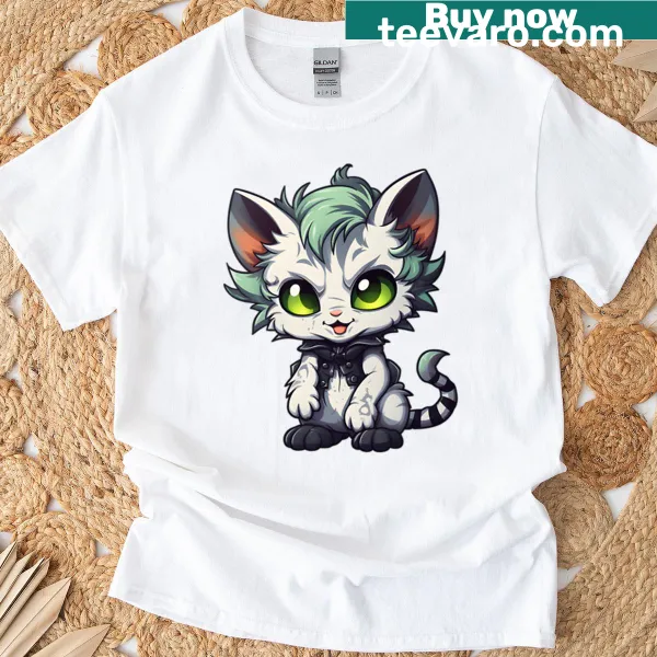 Cartoon punk rock cat graphic on a t-shirt