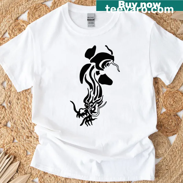 Artistic design featuring koi fish and dragon on a t-shirt