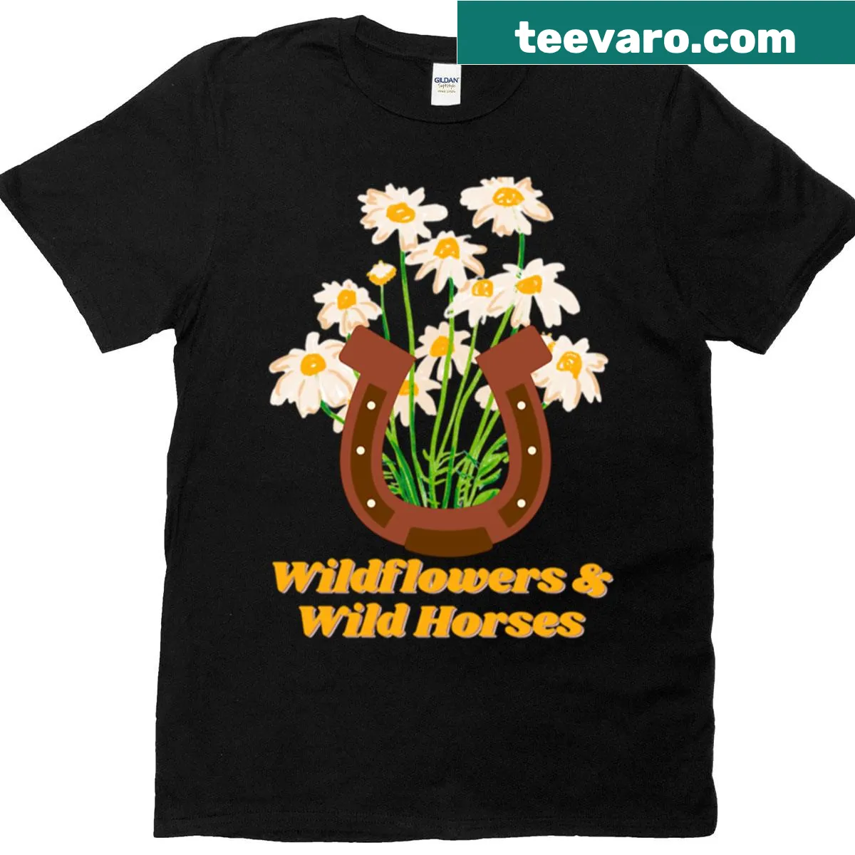 Wildflowers and wild horses illustration on T-shirt for nature lovers. — on a men's t-shirt