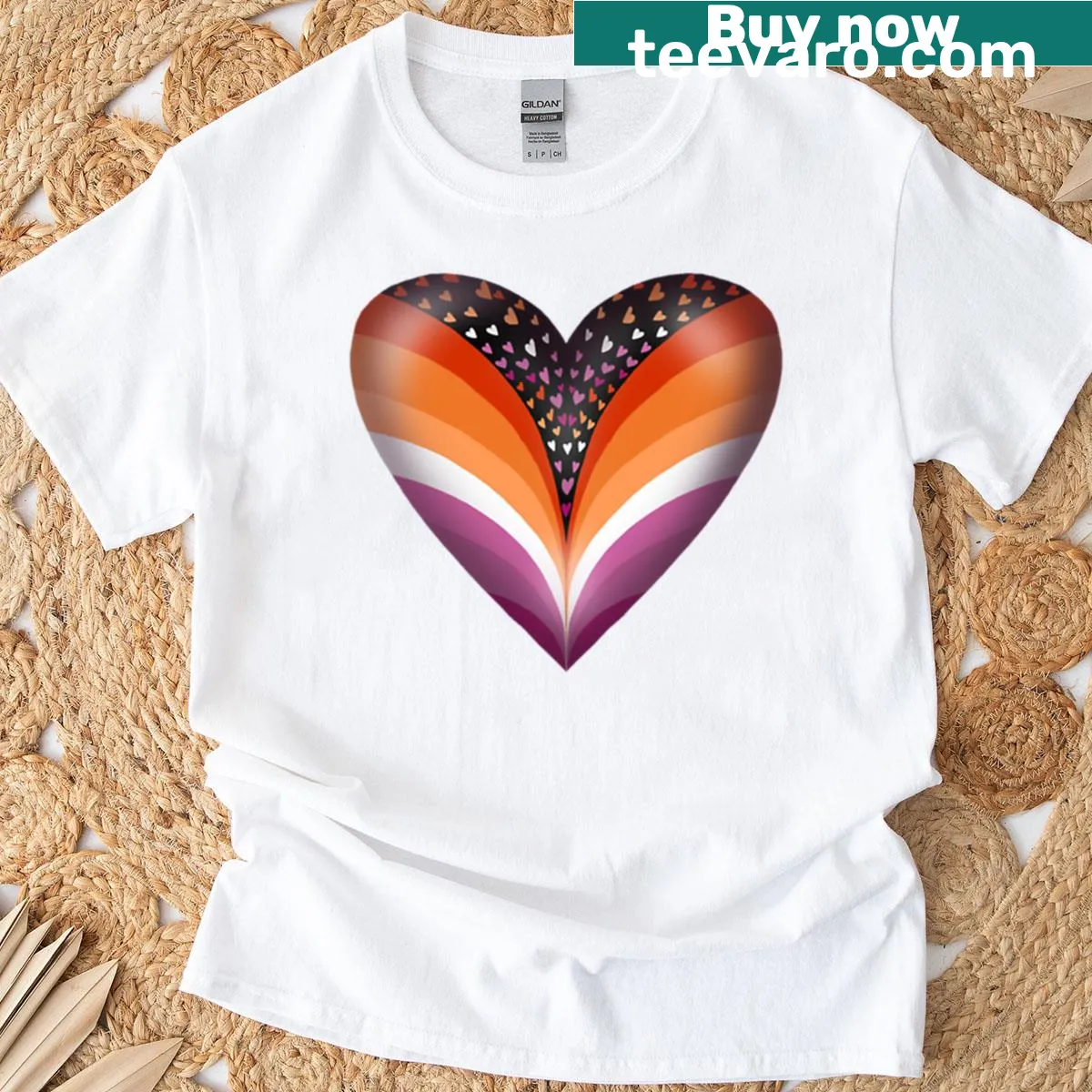 Oversized T-shirt featuring a lesbian heart design and inclusive typography. — on a men's t-shirt