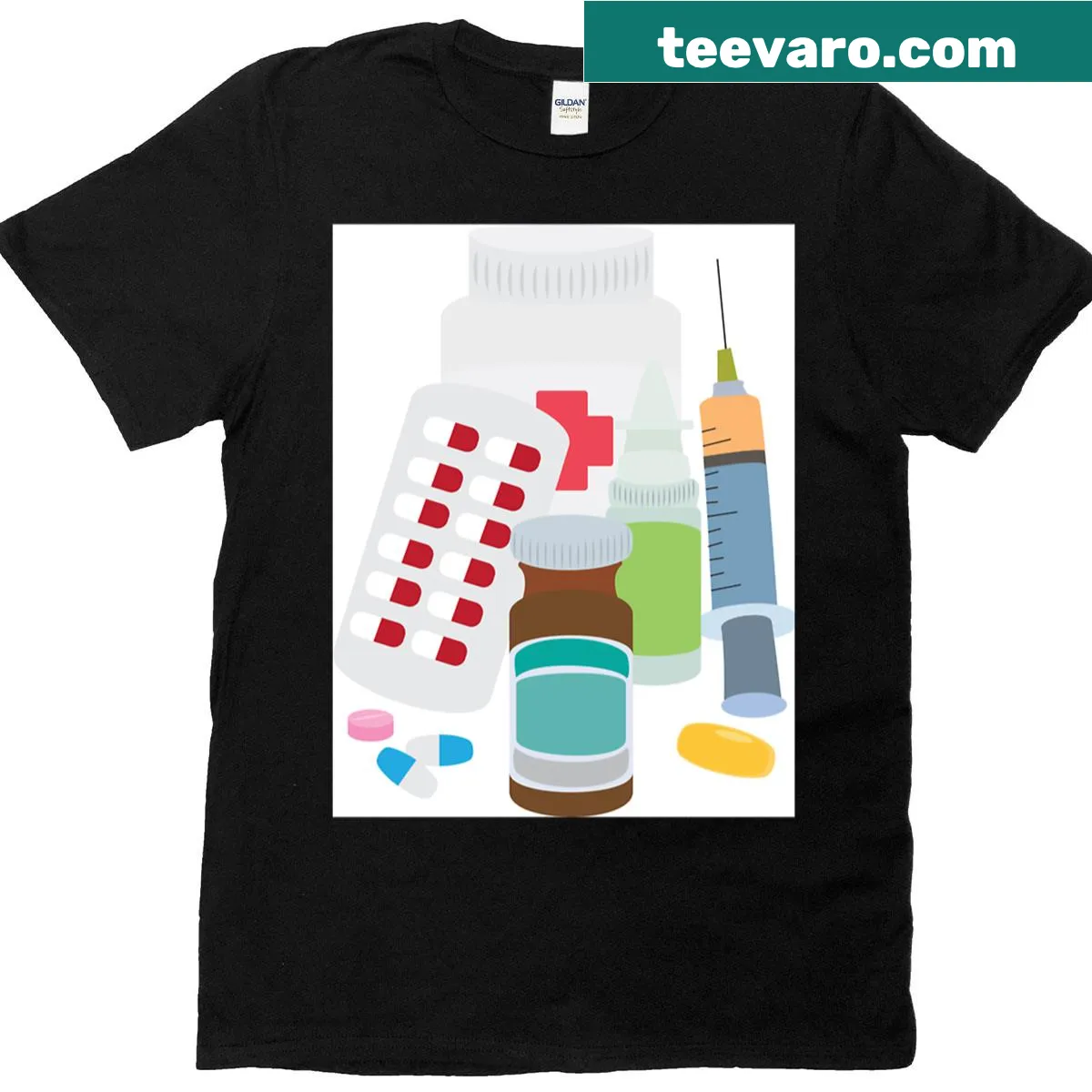 Typographic t-shirt dedicated to medicines and healthcare professionals — on a men's t-shirt