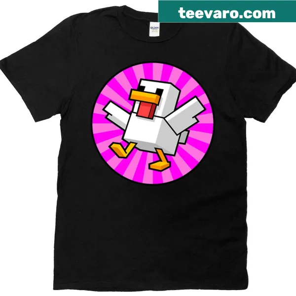 Cartoon chicken graphic from Minecraft on a t-shirt