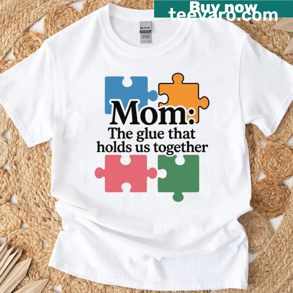 Mom t-shirt with the phrase 'Mom The Glue That Holds Us Together' — on a men's t-shirt