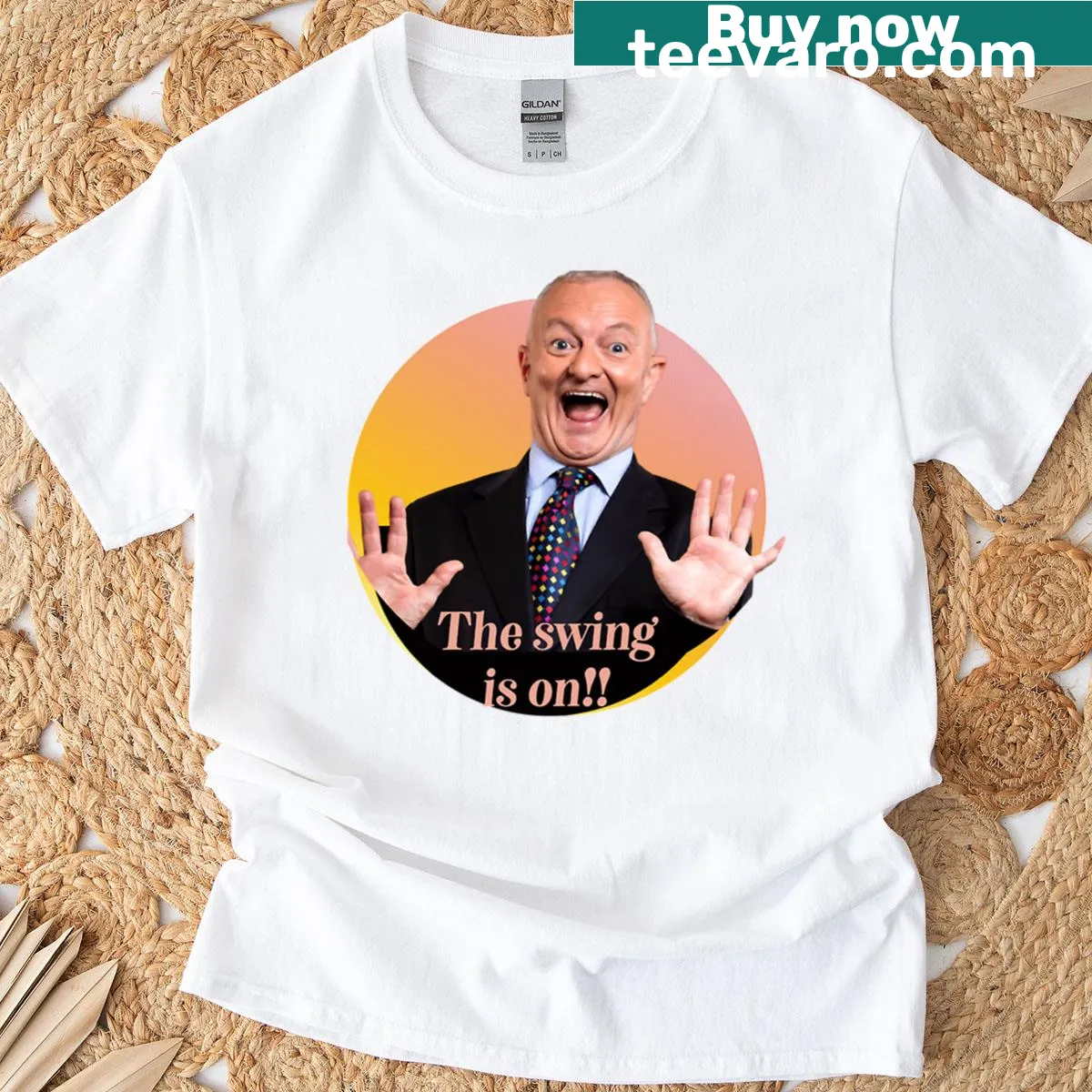 Vintage-style t-shirt celebrating swing music with humorous graphic — on a men's t-shirt