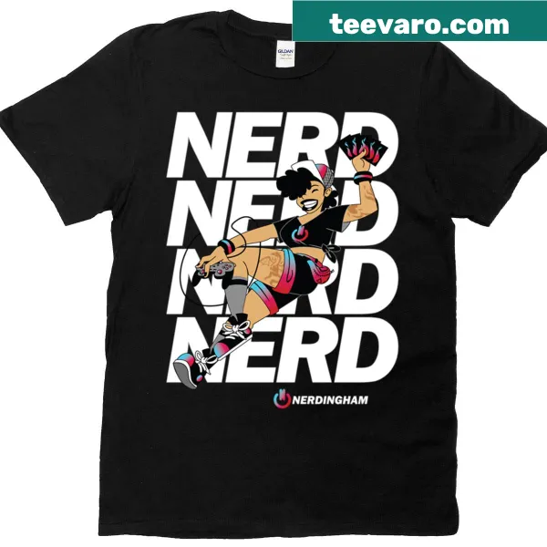 Pin-up style graphic featuring a nerd gamer on T-shirt
