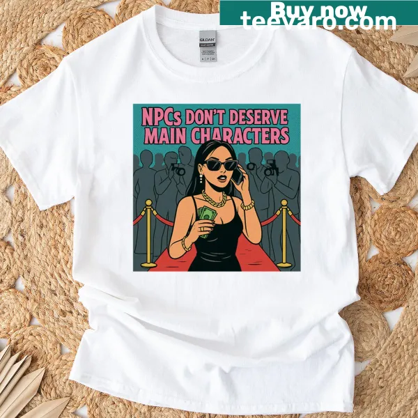 Oversized t-shirt with a comic-style graphic about NPCs