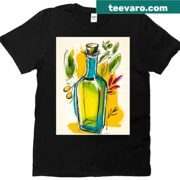 Illustration of an olive oil bottle with olives and leaves