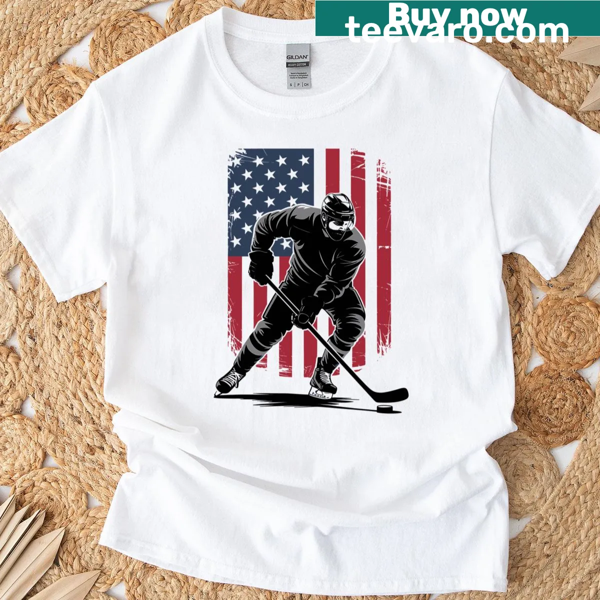 Oversized patriotic ice hockey player t-shirt with distressed flag background — on a men's t-shirt