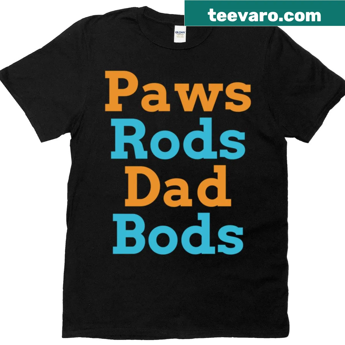 Humorous T-shirt featuring fishing rods and paw prints — on a men's t-shirt