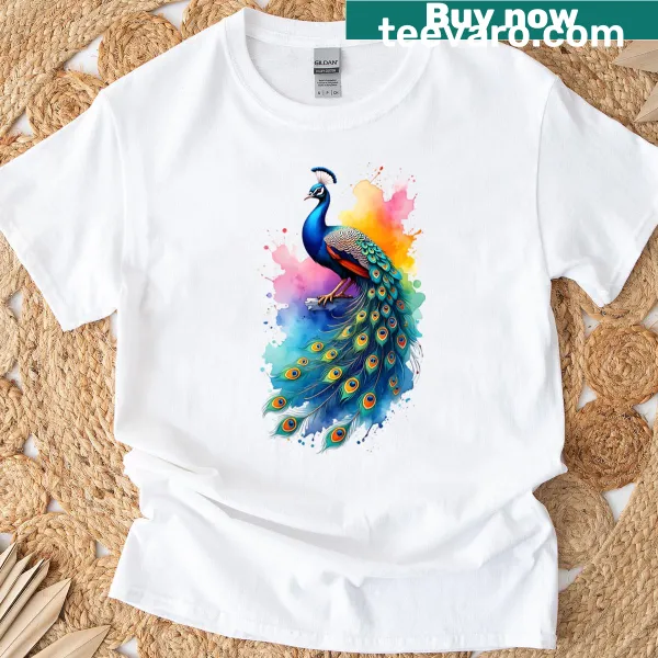 Oversized t-shirt featuring a whimsical peacock illustration