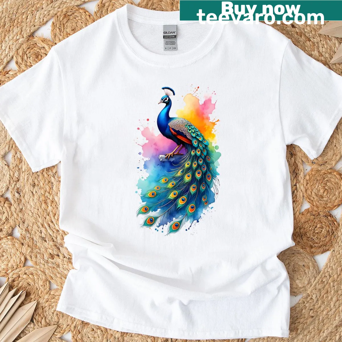 Oversized t-shirt featuring a whimsical peacock illustration — on a men's t-shirt