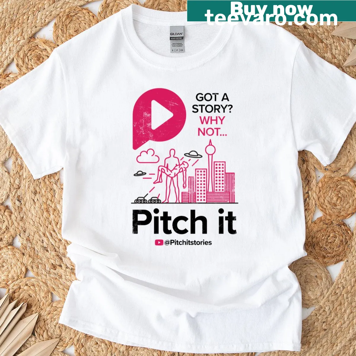 Distressed T-shirt with a 'Pitch It' graphic design — on a men's t-shirt