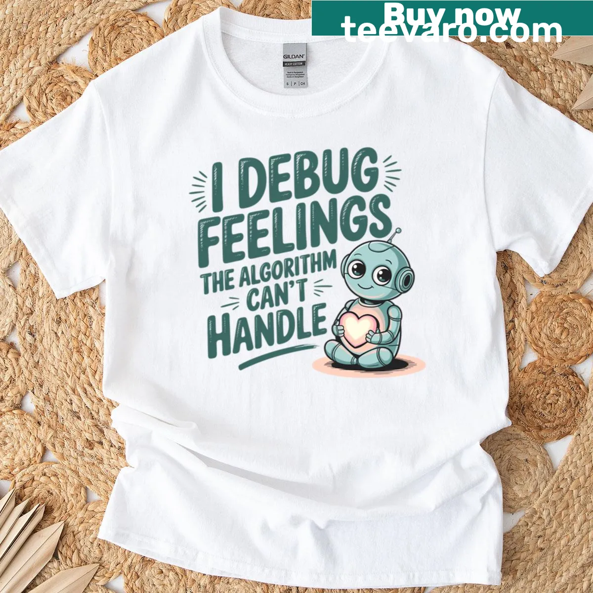 Cute cartoon robot graphic on a T-shirt for programmers, highlighting debugging. — on a men's t-shirt