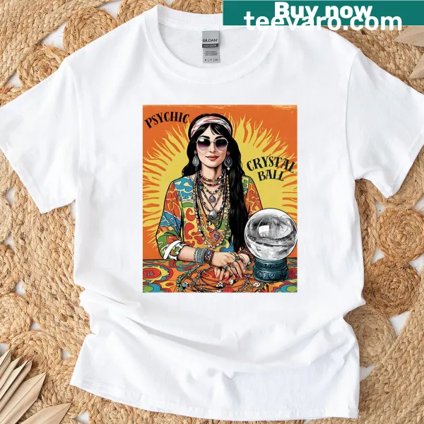 Boho woman graphic on a T-shirt with crystal ball illustration, embodying psychic themes.