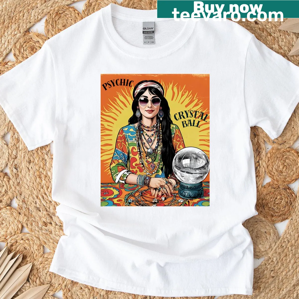 Boho woman graphic on a T-shirt with crystal ball illustration, embodying psychic themes. — on a men's t-shirt