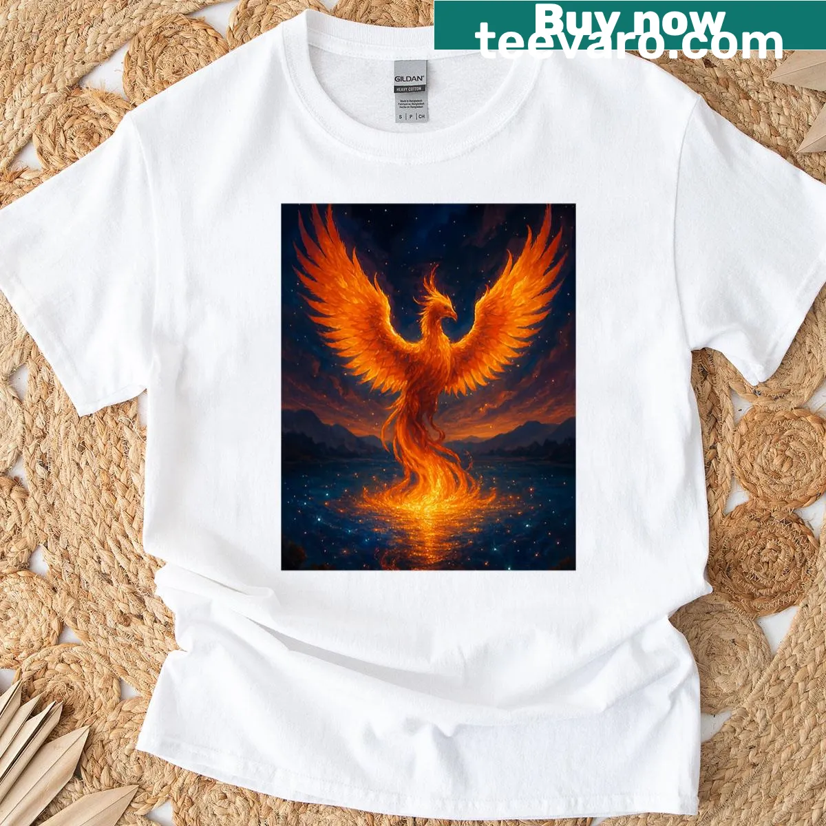 Phoenix rising illustration on a fantasy-themed T-shirt — on a men's t-shirt