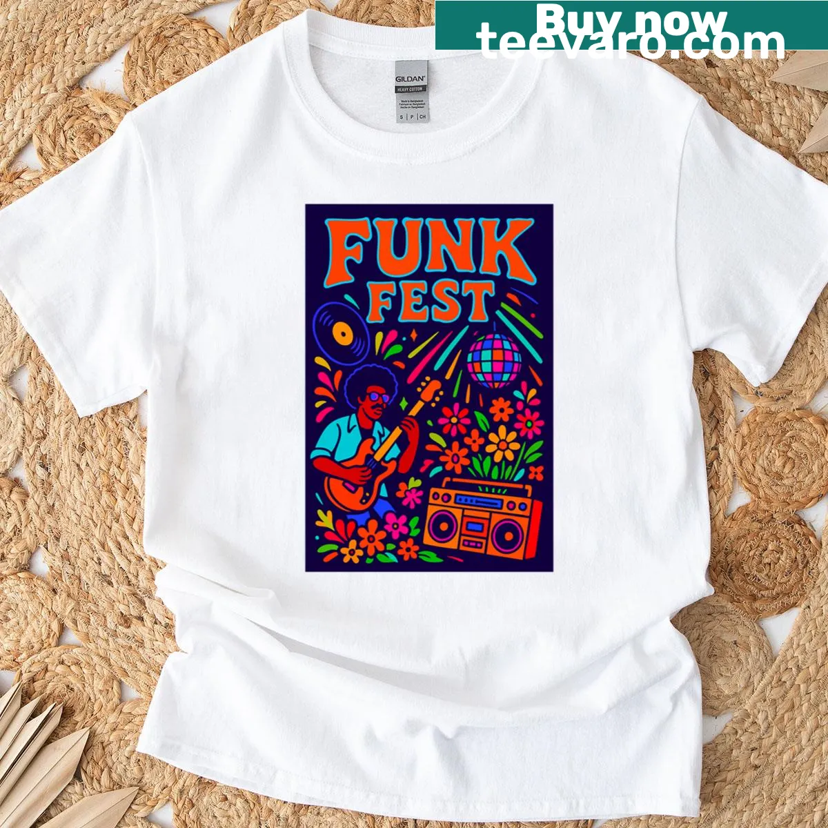 Vintage-style t-shirt with playful graphic celebrating funk music festival — on a men's t-shirt