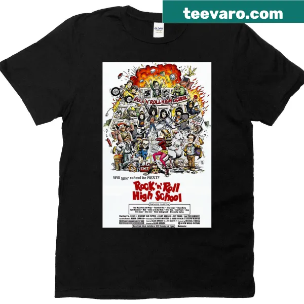 Vintage distressed oversized T-shirt with a rock 'n' roll high school theme.