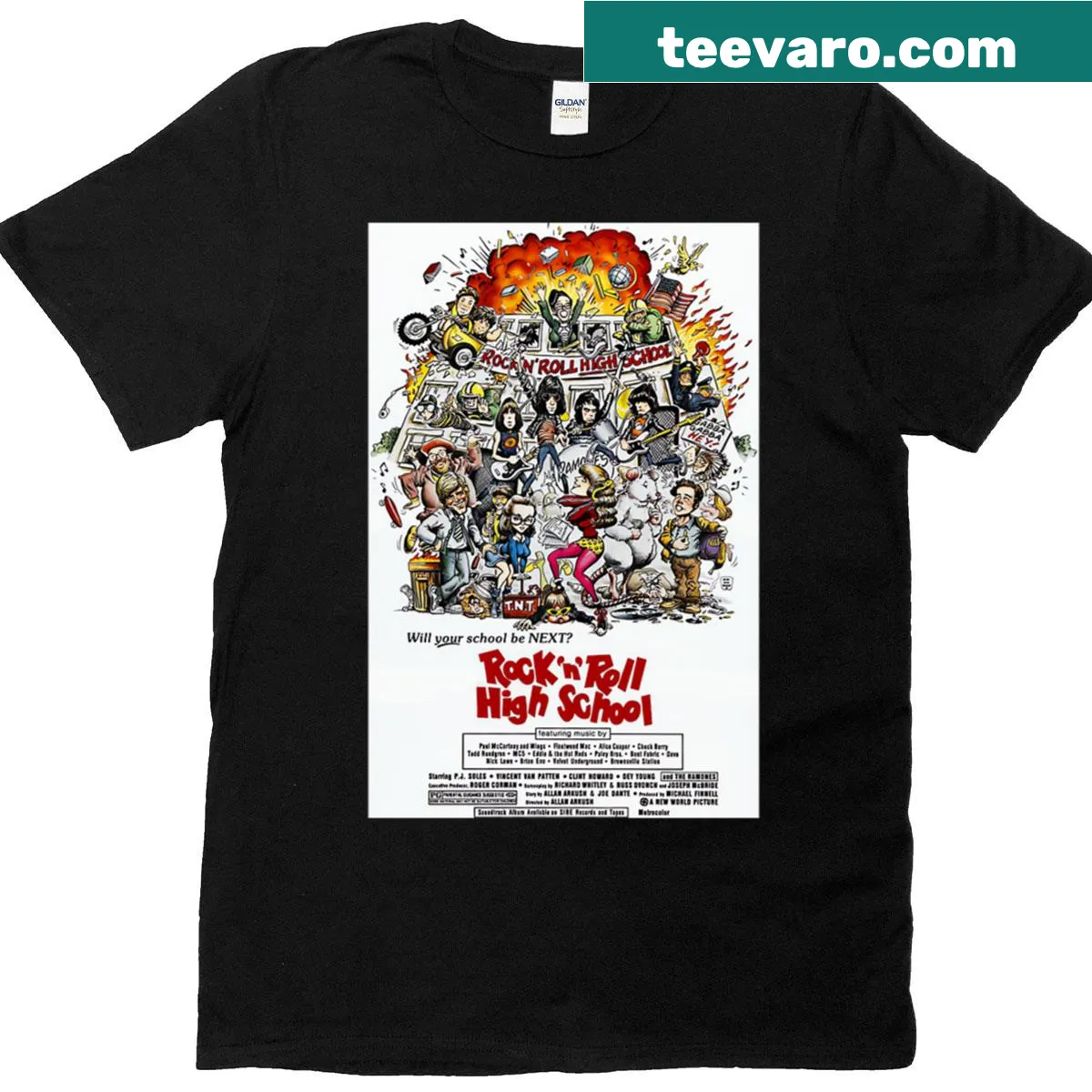 Vintage distressed oversized T-shirt with a rock 'n' roll high school theme. — on a men's t-shirt
