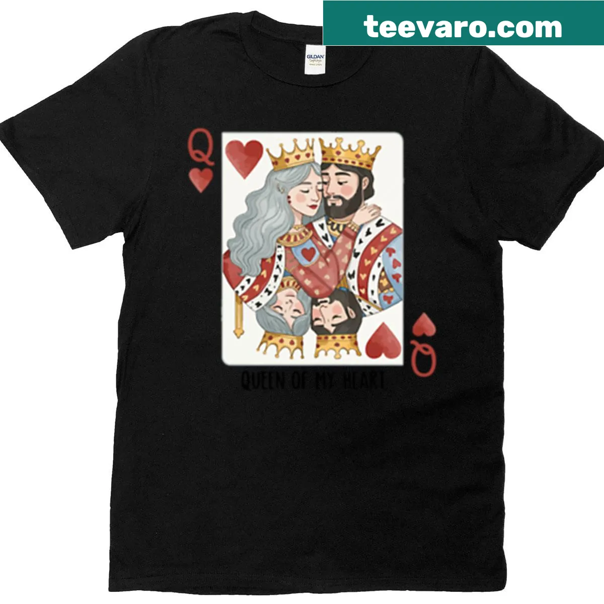 Cute T-shirt featuring a romantic Queen of Hearts playing card illustration. — on a men's t-shirt