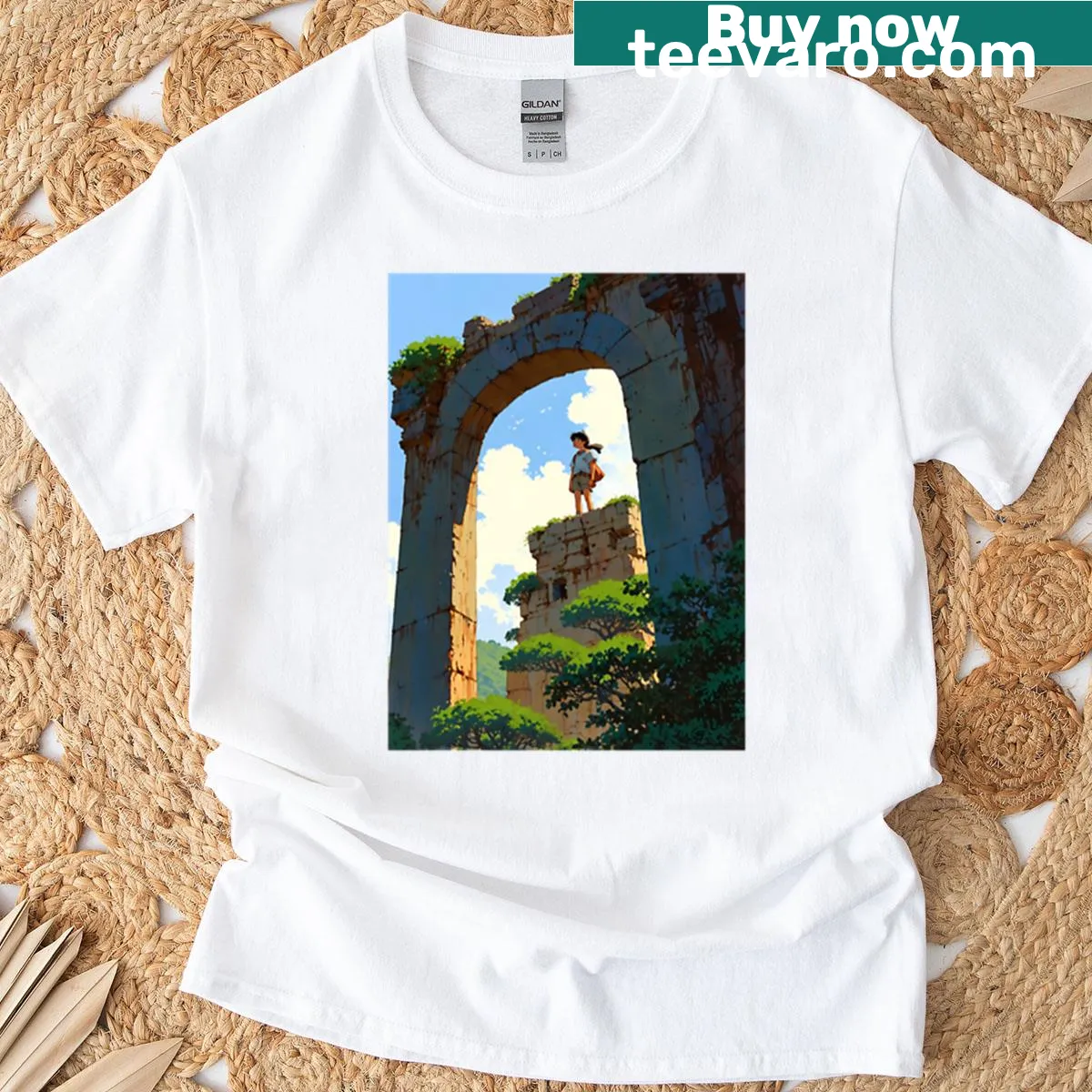 T-shirt with dreamy retro anime artwork featuring ruins — on a men's t-shirt