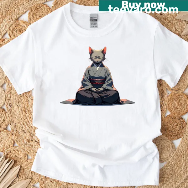 Illustration of a cat dressed as a samurai on T-shirt