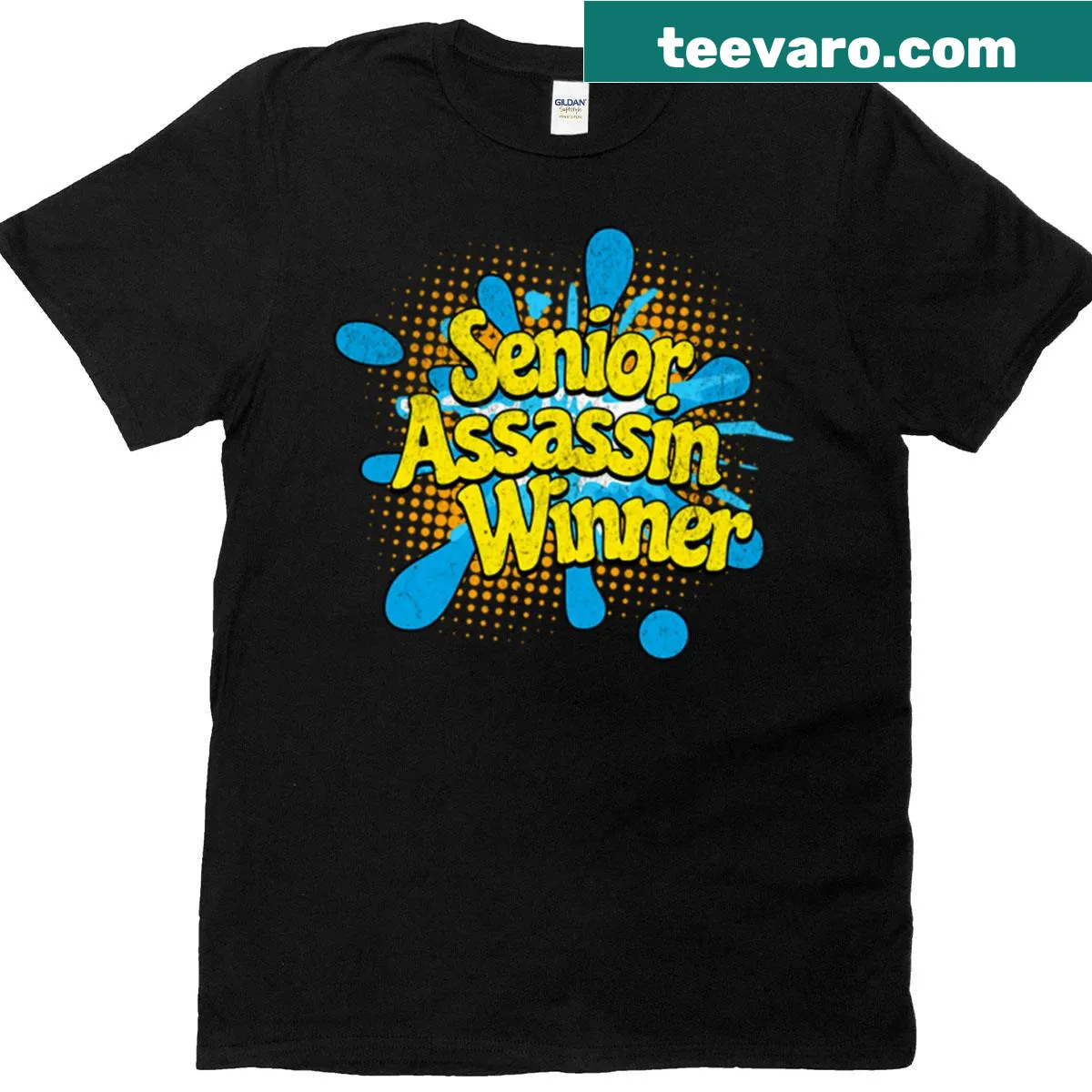 Cartoon design with 'Senior Assassin Winner' text and water game graphics. — on a men's t-shirt