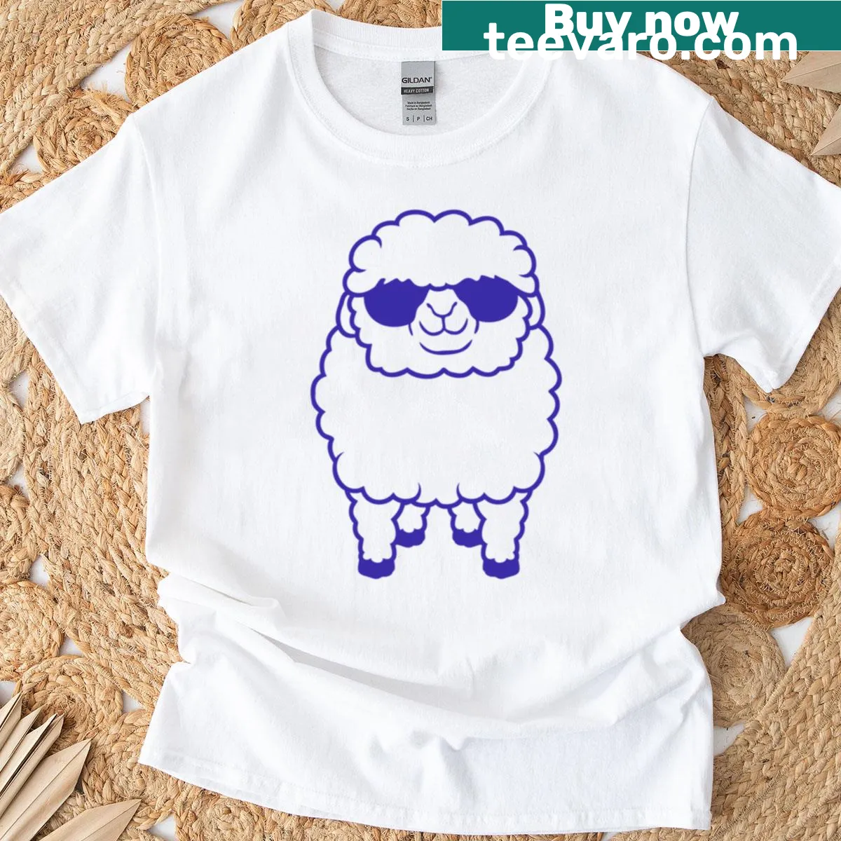 Cute lamb with sunglasses graphic on a farm-themed T-shirt — on a men's t-shirt