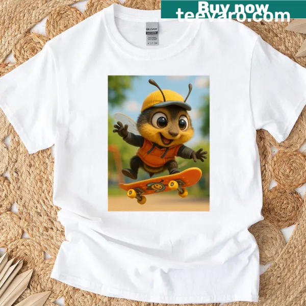 Playful skater bee t-shirt celebrating skate culture and nature