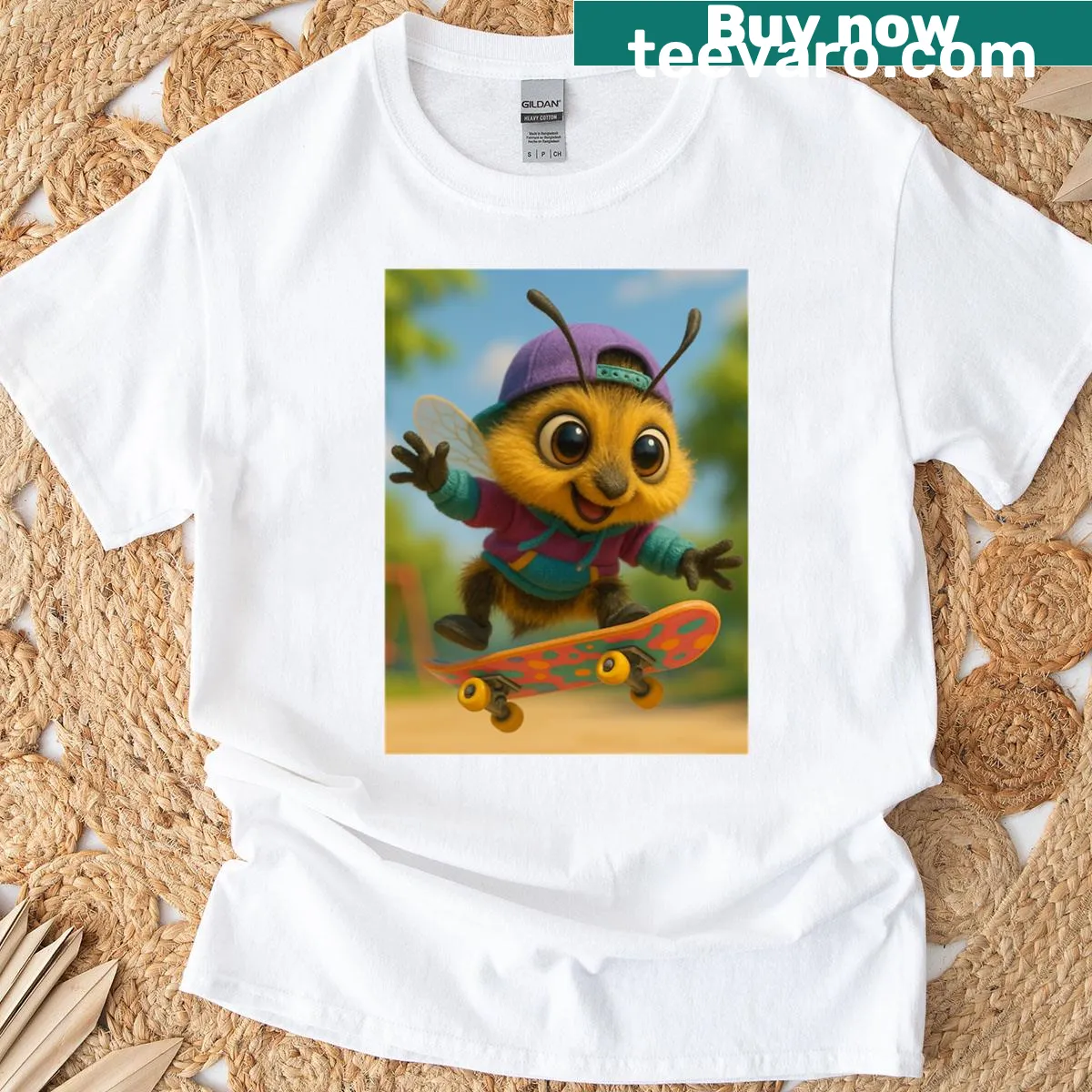 Cartoon bee with hairy feet on a playful T-shirt — on a men's t-shirt