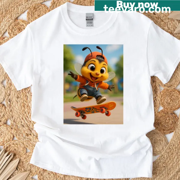 Cartoon bee in skater pose on a fun T-shirt