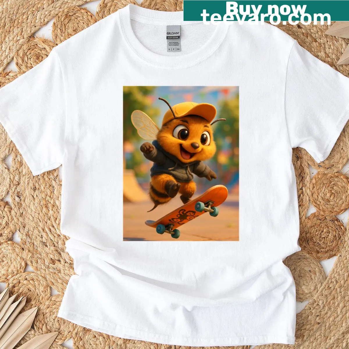 T-shirt with a playful skater Tawny Mining Bee illustration — on a men's t-shirt