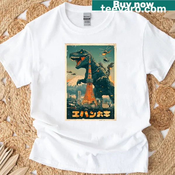 Retro Japanese video game art shirt featuring an epic showdown