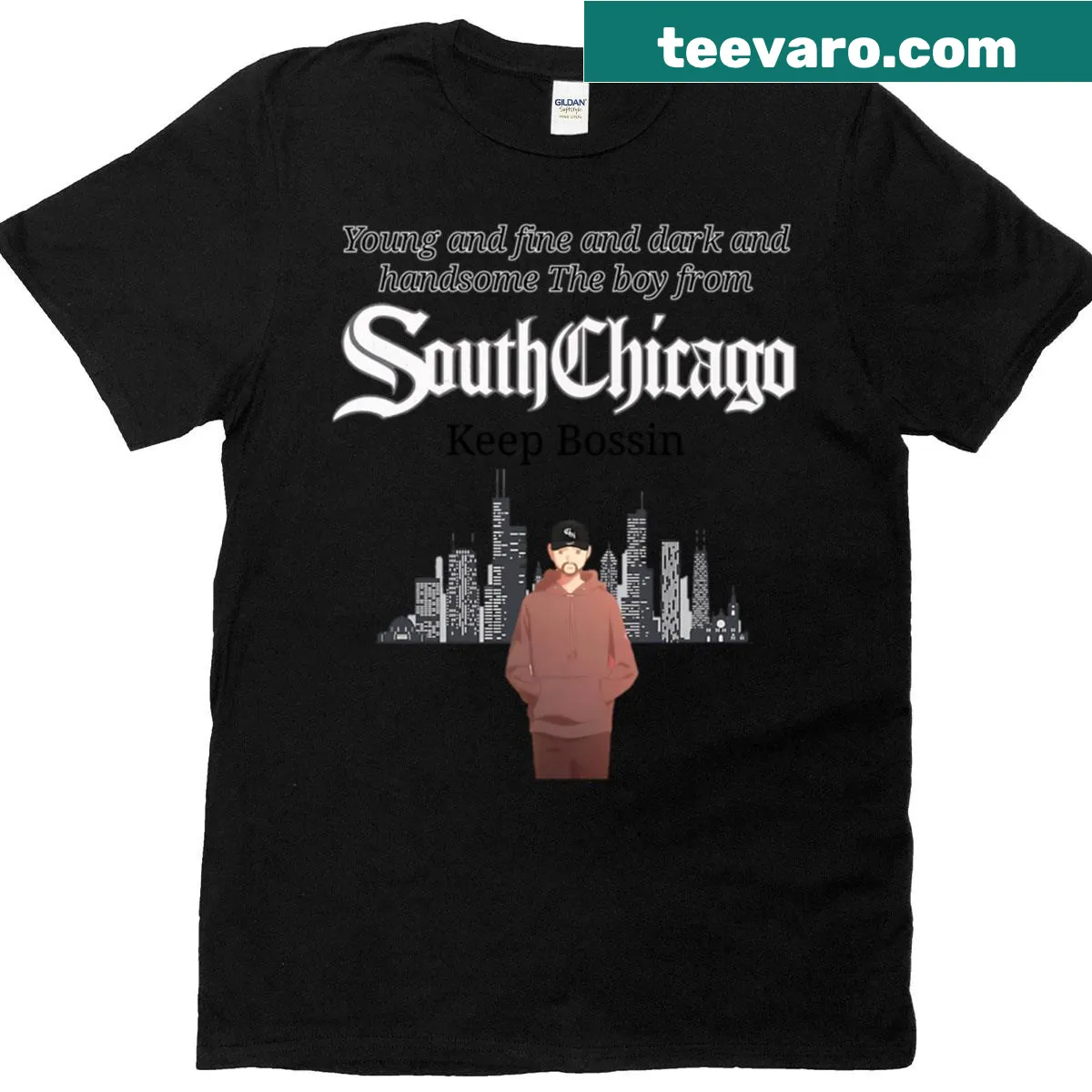 T-shirt featuring a design that represents South Chicago. — on a men's t-shirt