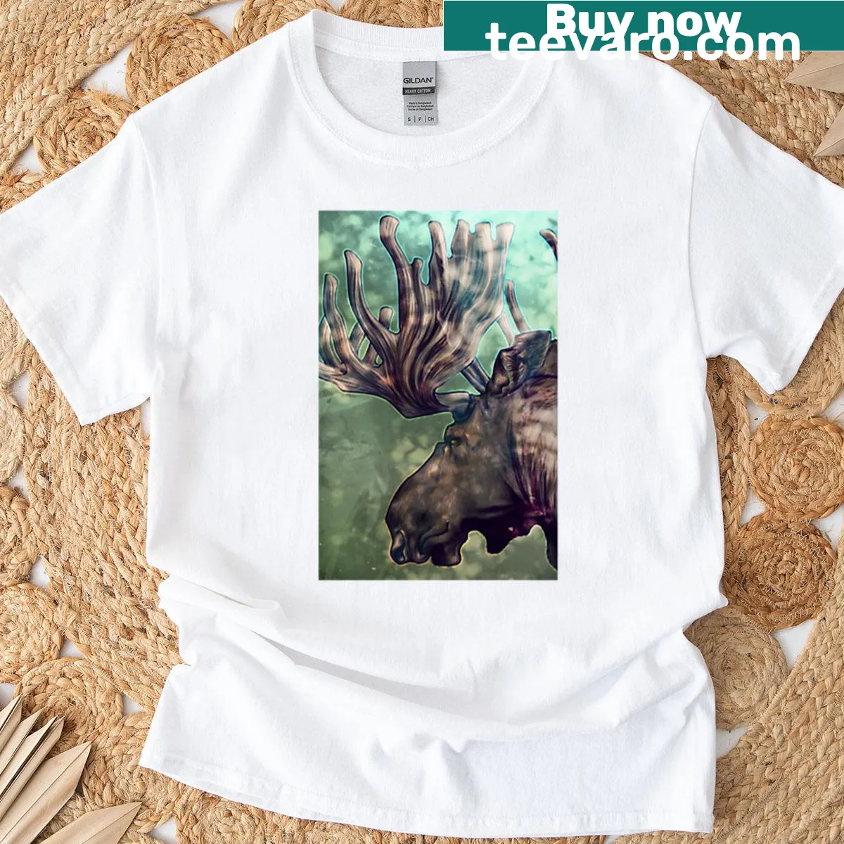 Illustration of a moose in sunlight on an oversized t-shirt — on a men's t-shirt