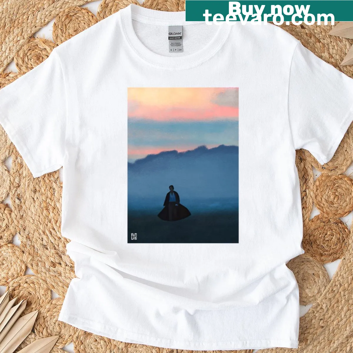 Whimsical illustration of Mr. Darcy at sunrise — on a men's t-shirt