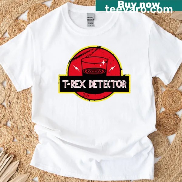 Cartoon-style t-shirt featuring a T-rex detector with a playful design
