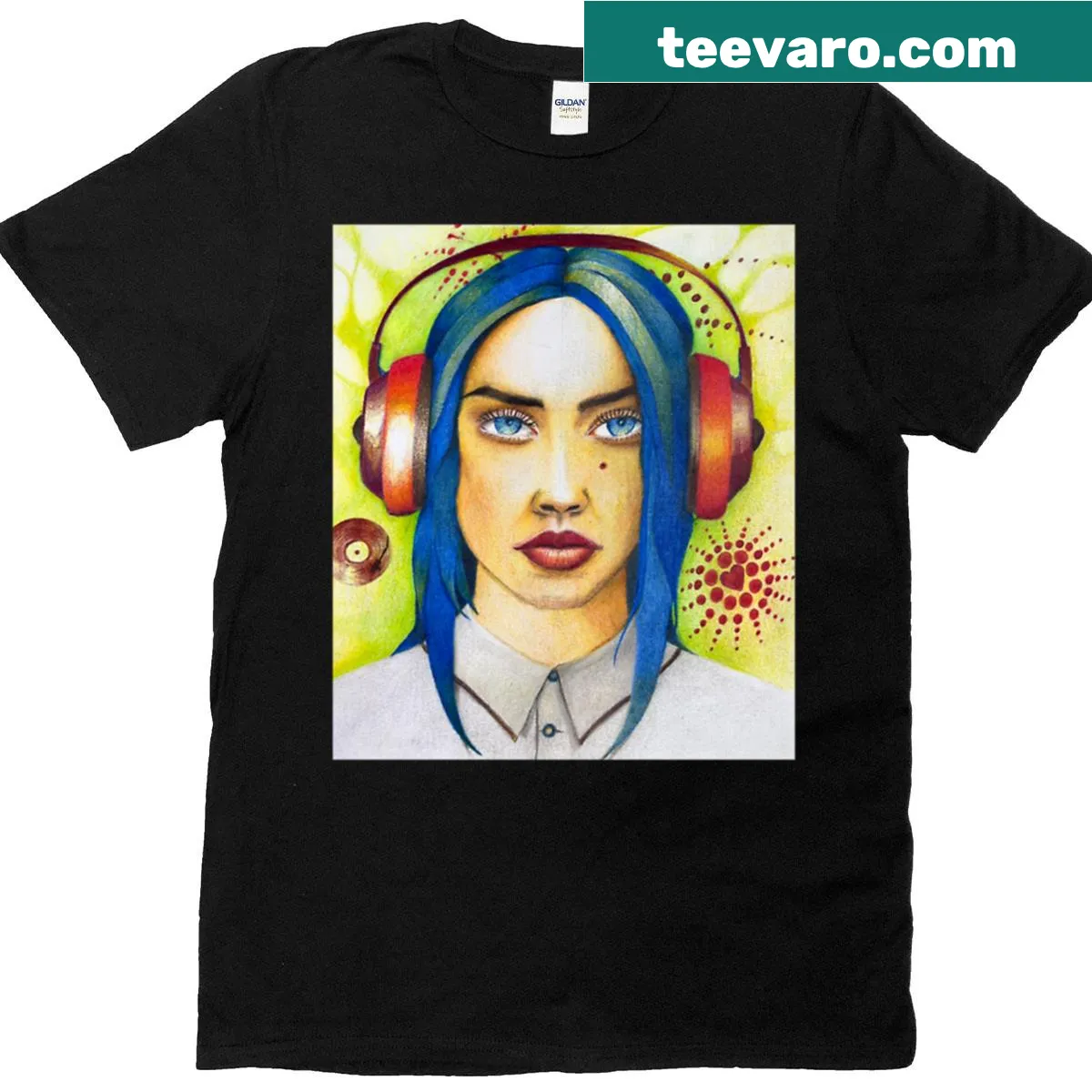 Illustration of a girl with headphones in a musical design — on a men's t-shirt