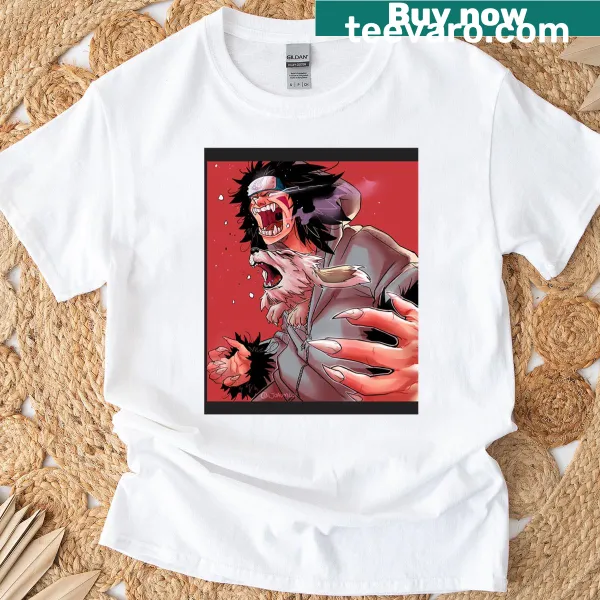 Playful graphic t-shirt featuring a fierce dog-inuzuka illustration