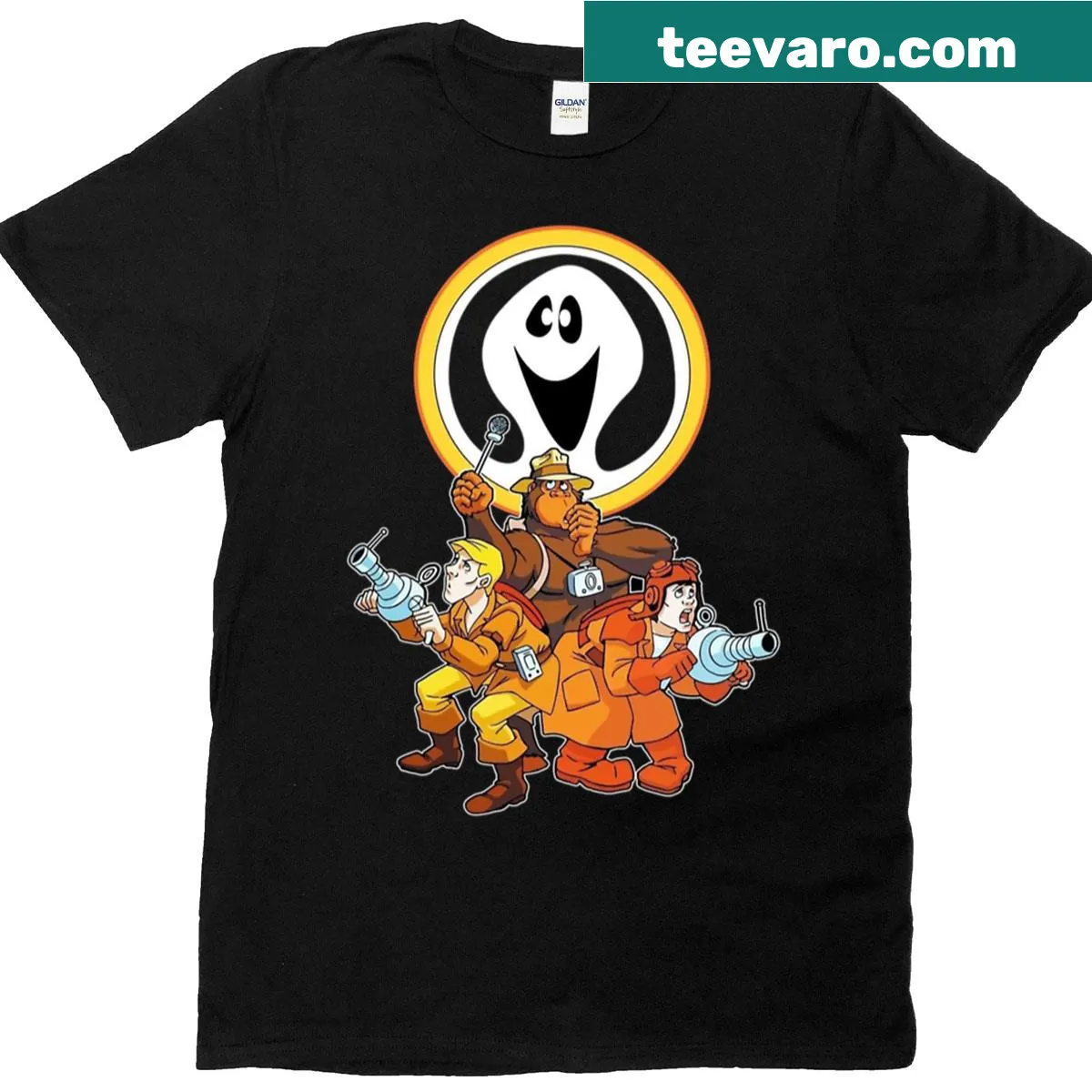 Cartoon graphic of Filmation Ghostbusters characters on a t-shirt. — on a men's t-shirt