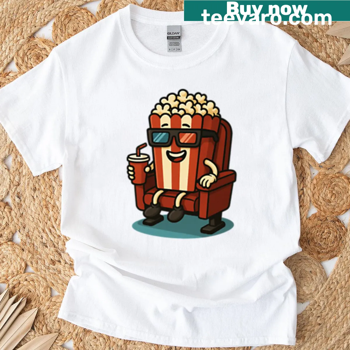 Illustrated popcorn bucket graphic on a movie-themed T-shirt — on a men's t-shirt