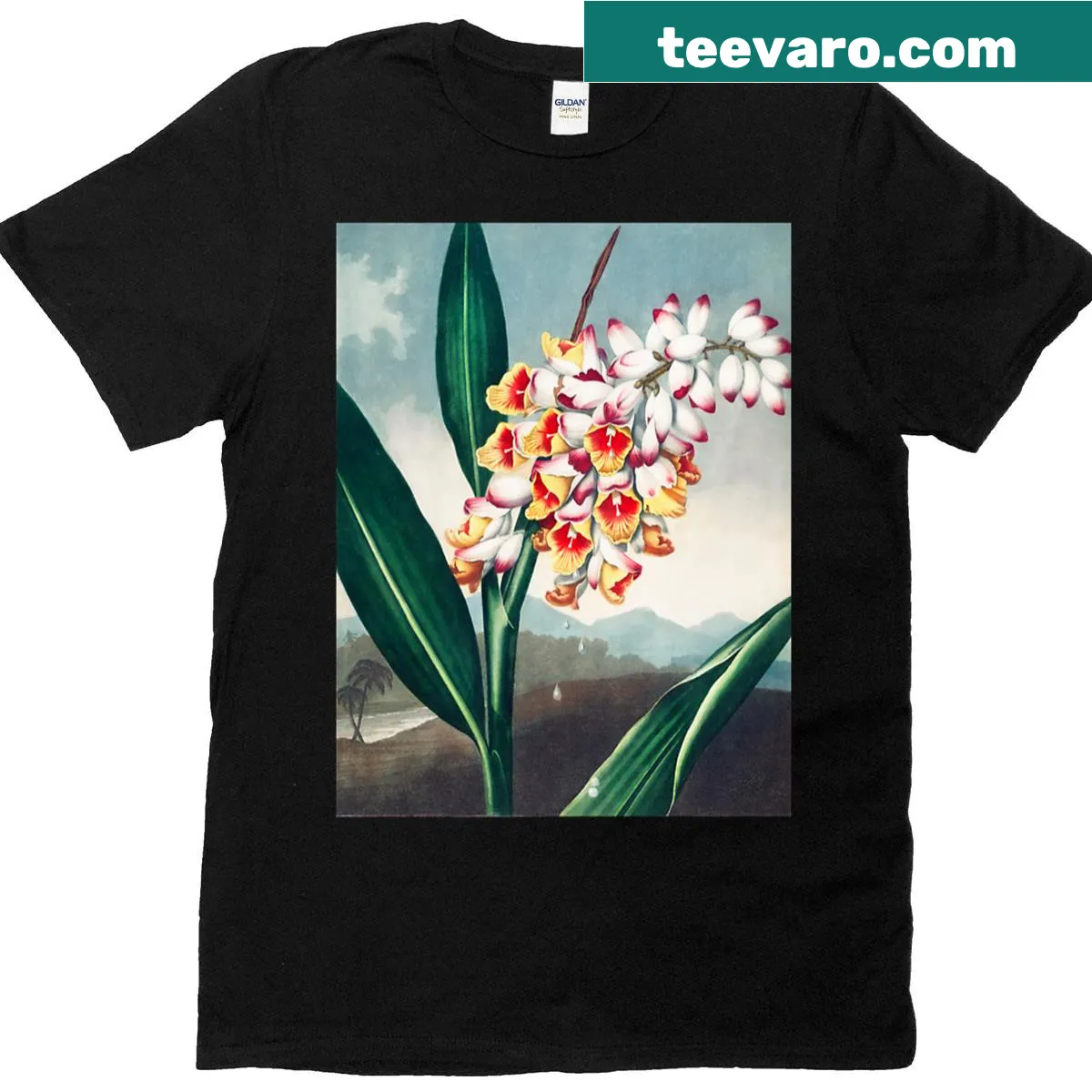 Watercolor t-shirt featuring the Nodding Renealmia plant — on a men's t-shirt